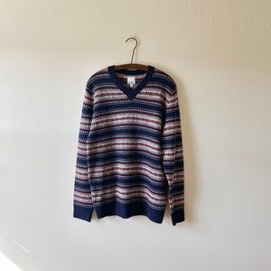 Vintage Classic 30% Wool Blue Red & White Striped Scandinavian V-neck Sweater L